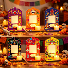 Lanfubeisi 6 Pcs Dia De Los Muertos Decorations Picture Frames, Day of the Dead Ofrenda Altar Decor with Tealight Base for Tabletop Fiesta Party