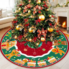 Lanfubeisi 48 inch Christmas Tree Skirt, Traditional Red Green Xmas Tree Mat with Cute Gingerbread Man Candy Train, Large Whimsical Holiday Floor Carpet for Christmas Decorations Home Party Decor