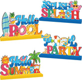 Lanfubeisi Pool Party Decorations Wood Table Centerpieces – 4pcs Hello Summer Splish Splash Hawaii Tropic Wooden Tabletop Decor for Summer Party Holiday