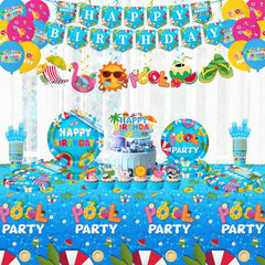 lanfubeisi Pool Party Birthday Decorations 136Pcs Supplies Set - Includes Banner Balloons Tableware Cake Toppers Cupcake Toppers Hanging Swirls for Hawaiian Summer Pool Party Celebration