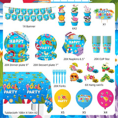 lanfubeisi Pool Party Birthday Decorations 136Pcs Supplies Set - Includes Banner Balloons Tableware Cake Toppers Cupcake Toppers Hanging Swirls for Hawaiian Summer Pool Party Celebration