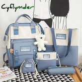 5Pcs Set Women Backpack Canvas Waterproof School Bags For Teenage Girls Kawaii Doll Student