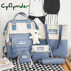 5Pcs Set Women Backpack Canvas Waterproof School Bags For Teenage Girls Kawaii Doll Student