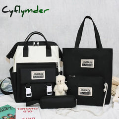 5Pcs Set Women Backpack Canvas Waterproof School Bags For Teenage Girls Kawaii Doll Student