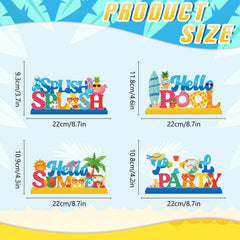 Lanfubeisi Pool Party Decorations Wood Table Centerpieces – 4pcs Hello Summer Splish Splash Hawaii Tropic Wooden Tabletop Decor for Summer Party Holiday