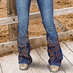 Cyflymder Elegant Country Wear| Distressed High Waisted Flared Cowgirl Outfit -Printing with Golden Studs, Casual Vintage Jeans T46