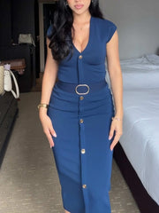 Cyflymder Autumn New Women's Casual Long Dress V-neck Sleeveless Long Dress Elastic with Metallic Belt Elegant Solid Color Dress