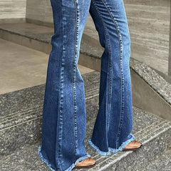 Cyflymder Huang's Stylish High Waist Flare Bell Bottom Jeans Curvy Seam Details Raw Hem Loose Fit Ladies Pants Western Women's Trouser T39
