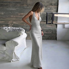 Cyflymder Women Halter Deep V Neck Polka Dot Mermaid Maxi Dress Lace Up Back Big Bow Bodycon Long Dress Elegant Evening Party Wedding Gues