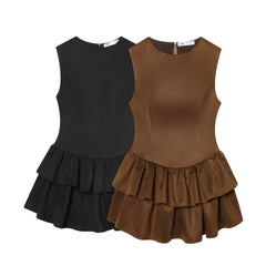 Cyflymder Casual Chocolate Brown Party Dress O Neck Sleeveless Ruffles Mini Dress Fashion Evening Club Party Y2K Girl Dress