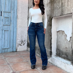 Cyflymder Elegant High Stretchy Skinny Flare Jeans, Leopard-Print Pockets with Studs, Mid Waist Slim Fit- Retro & Stylish Long Length T27