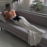 Cyflymder Women Halter Deep V Neck Polka Dot Mermaid Maxi Dress Lace Up Back Big Bow Bodycon Long Dress Elegant Evening Party Wedding Gues