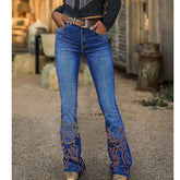 Cyflymder Elegant Country Wear| Distressed High Waisted Flared Cowgirl Outfit -Printing with Golden Studs, Casual Vintage Jeans T46