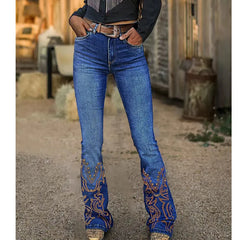Cyflymder Elegant Country Wear| Distressed High Waisted Flared Cowgirl Outfit -Printing with Golden Studs, Casual Vintage Jeans T46