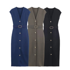 Cyflymder Autumn New Women's Casual Long Dress V-neck Sleeveless Long Dress Elastic with Metallic Belt Elegant Solid Color Dress