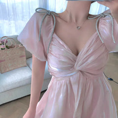 Cyflymder Summer Fairy Dress Women French Style Lace Chiffon Sweet Dress Party Night Japan Style Kawaii Sexy Elegant Boho Dress