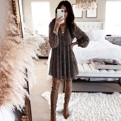 Cyflymder Lantern Sleeve Dot Print Ruffles Women Dress 2025 Casual V-neck Long Sleeve Button Mini Dress Ladies Elegant Party Dress Vestido