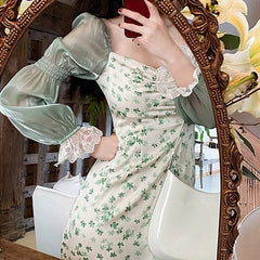 Cyflymder Korean Summer Chiffon Lace Floral Dress Elegant Party One Piece Dress Women Green Puff Sleeve Vintage Midi Dress New