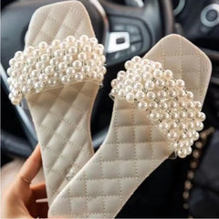 Cyflymder Spring/summer new women pearl rhinestone women's all-match casual slippers fashion solid color flat shoes sandals