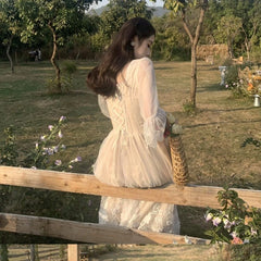 Cyflymder French Vintage Midi Dress Women Lace Elegant Princess Party Fairy Dress Female Spring Casual Korean Wedding Victorian Dress