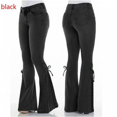 Cyflymder Fashion Mid Waist Denim Flare Pants Women Lace Up Slim-fit Stretch Jeans Wide Leg Trousers Lady Casual Bell-Bottoms