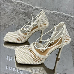 Cyflymder Women High Heels Mesh Sandals Pumps Summer Sexy Strappy Hollow Roman Shoes New Open Toe Sandals Size 35-43 Sandalias Mujer
