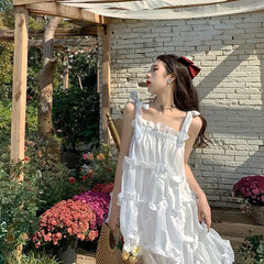 Cyflymder Summer White Strap Fairy Dress Women Elegant Cute Princess Midi Dress Female Bow Bandage Casual Holiday Kawaii Dress