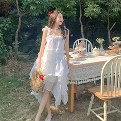 Cyflymder Summer White Strap Fairy Dress Women Elegant Cute Princess Midi Dress Female Bow Bandage Casual Holiday Kawaii Dress