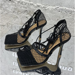 Cyflymder Women High Heels Mesh Sandals Pumps Summer Sexy Strappy Hollow Roman Shoes New Open Toe Sandals Size 35-43 Sandalias Mujer