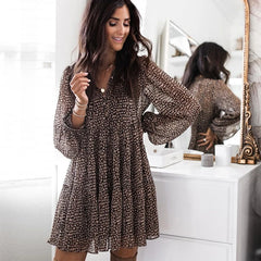 Cyflymder Lantern Sleeve Dot Print Ruffles Women Dress 2025 Casual V-neck Long Sleeve Button Mini Dress Ladies Elegant Party Dress Vestido
