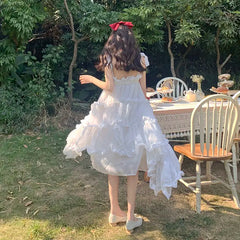 Cyflymder Summer White Strap Fairy Dress Women Elegant Cute Princess Midi Dress Female Bow Bandage Casual Holiday Kawaii Dress