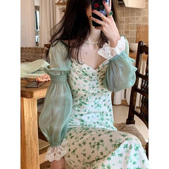 Cyflymder Korean Summer Chiffon Lace Floral Dress Elegant Party One Piece Dress Women Green Puff Sleeve Vintage Midi Dress New