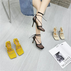 Cyflymder Women High Heels Mesh Sandals Pumps Summer Sexy Strappy Hollow Roman Shoes New Open Toe Sandals Size 35-43 Sandalias Mujer
