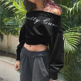 Cyflymder Fashion Contrasting Irregular Diagonal Collar Full-sleeved Off Shoulder Letter Print Casual Loose Pullover Tops Hottie Wear