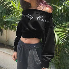 Cyflymder Fashion Contrasting Irregular Diagonal Collar Full-sleeved Off Shoulder Letter Print Casual Loose Pullover Tops Hottie Wear