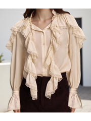 Cyflymder Women s Long Sleeve Blouse with Delicate Lace Detailing and Ruffled Button Front - Stylish Solid Color Top for Work or Weekend