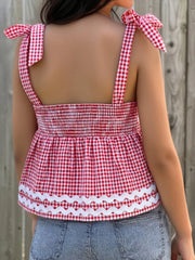 Cyflymder Women s Sleeveless Plaid Print Babydoll Tank Top with Square Neckline and Smocked Detail - Trendy Summer Shirt