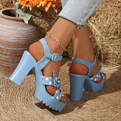 Cyflymder Summer Tie Bow Dot Open Toe Thick Heel Round Head Banquet High Heel Sandals Fashionable Hollow Fish Mouth Casual Women's Shoes
