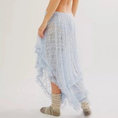 Cyflymder Women's Solid Color Midi Skirts Lace Elastic High Waist Skirts Spring Summer Sweet Irregular Hem Casual Skirts