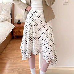 Cyflymder Irregular Vintage Korean Polka Dot Skirts Spring Summer A-Line Basic Female Clothing High Waist Fashionable Folds Knee Skirts