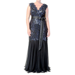 Cyflymder Women Plus Size Luxurious Sequins Evening Dress Lace Elegant V-Neck Sleeveless Slim Female Wedding Dress Gown Tulle Formal Dress