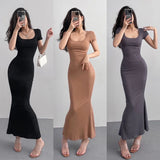 Cyflymder 2024 Summer Solid Color Slim Long Dress Women Short Sleeve Skinny Bodycon Maxi Dresses Woman Square Collar Party Vestidos Mujer