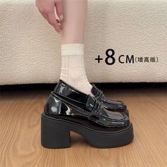 Cyflymder Gothic Black Platform Loafers Women Round Toe Slip‑On 8CM High Chunky Block Heel Thick Lug Sole JK Fashion Preppy Y2K Shoes