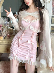 Cyflymder Summer Japanese Kawaii 2-Piece Set Women Korea Bow Suspender Dress Suit Female Long Sleeve Cardigan + Party Mini Lace Dress