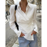 Cyflymder Women Elegant White Shirt Fashion Long Sleeve Blouse Irregular Office Top with Chic Buttons Slim Fit Ladies Casual Tops