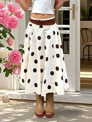 Cyflymder Women White A-Line Skirt Dots Print High Waist Midi Skirt Elegant Swing Skirts for Daily Leisure and Work