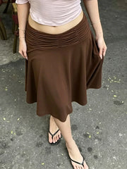Cyflymder Low Waist Pleated Women Midi Skirts Solid Color Knee-length Slim Fit Versatile A-Line Skirts Casual Daily Street Outfit