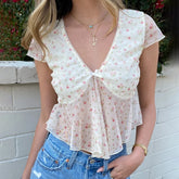 Cyflymder Floral Patterm V Neck Flowy Crop Tops Vintage Trendy Irregular Hem Short Sleeve T-shirt Women Chiffon Loose Fit Tees Streetwear