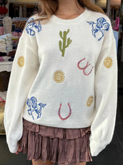 Cyflymder Women s Winter Cozy Sweater Floral Embroidery Long Sleeve V-Neck Knitwear Pullover with Pom Pom Detail