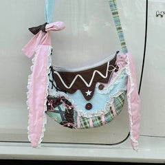 Cyflymder Harajuku Y2k Aesthetic Ins Underarm Bag Women Contrast Color Plaid Rabbit Ear Canvas Bag Grunge Patchwork Lace Shoulder Handbags